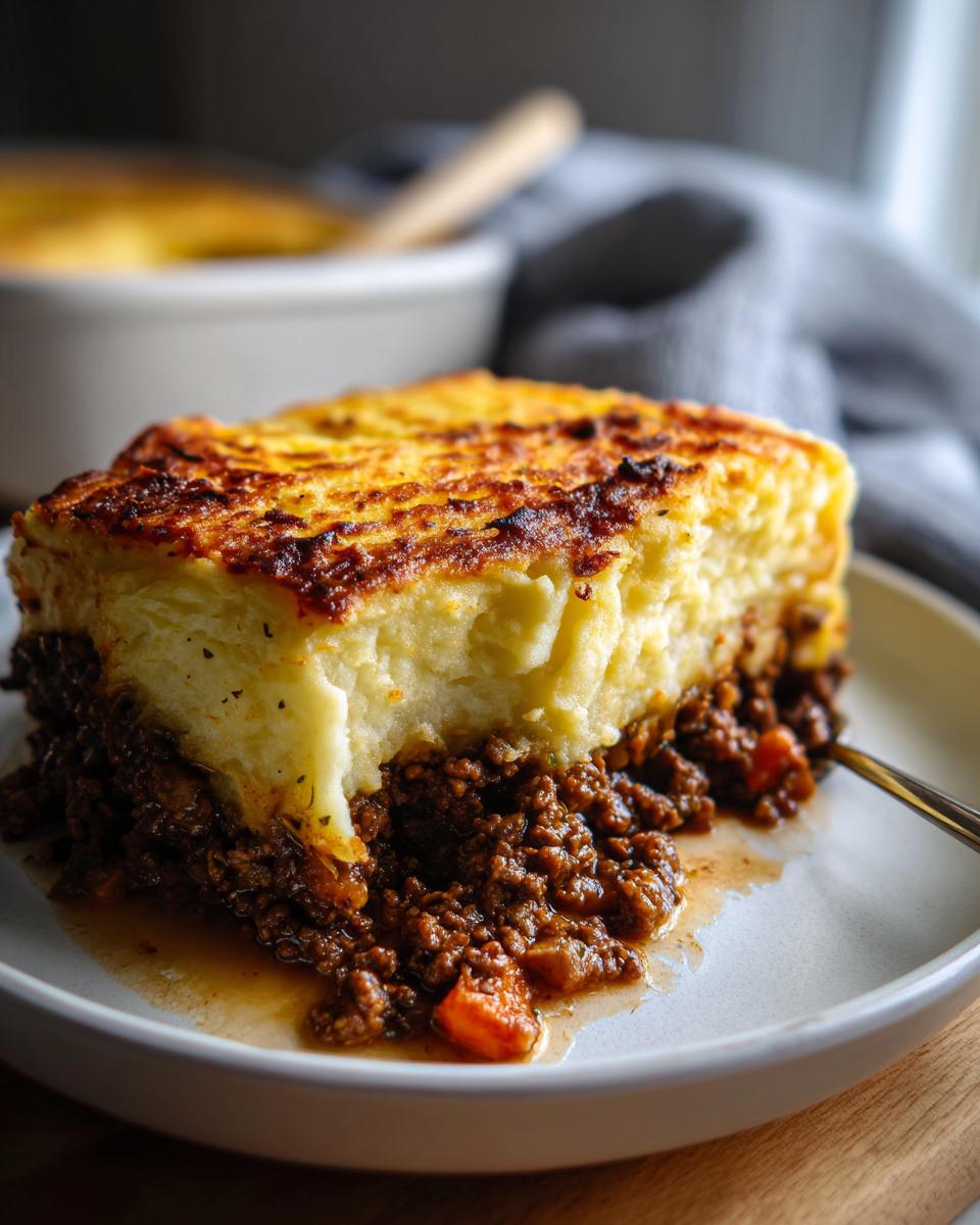 A close-up of a generous slice of cottage pie showing rich meat filling and a golden, browned mashed potato topping.