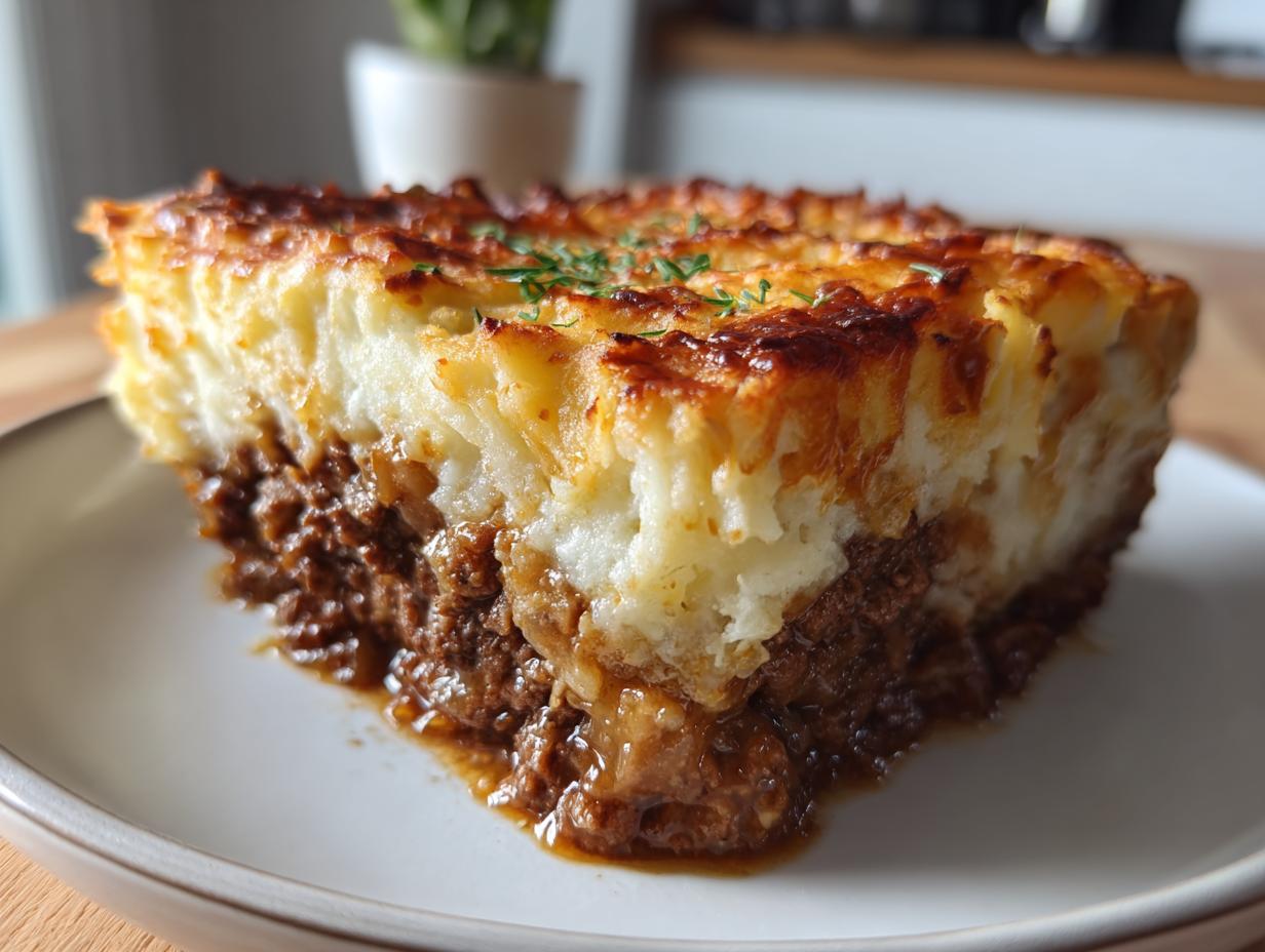 A thick slice of homemade cottage pie showing rich meat filling and a golden, crispy mashed potato topping.