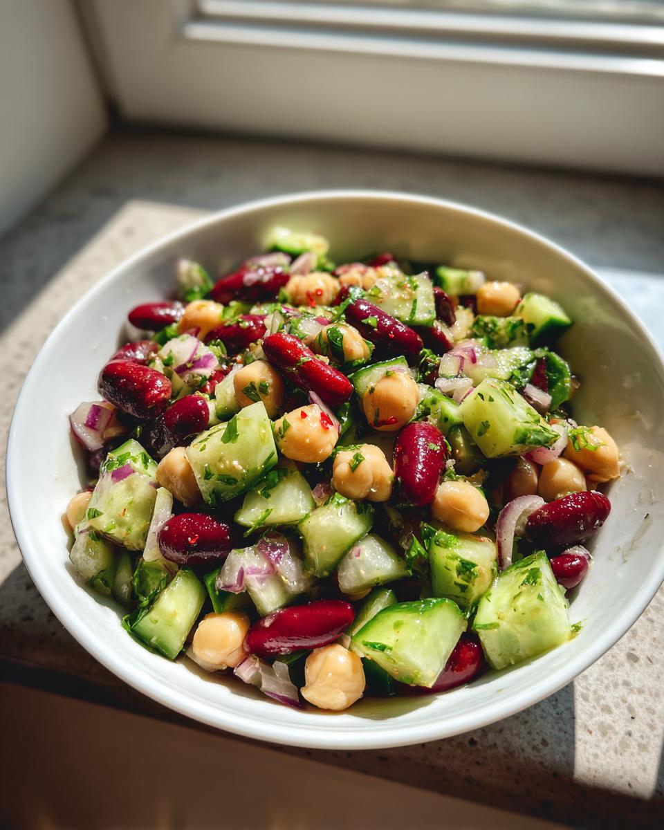 Close-up of a vibrant, fresh bean salad featuring kidney beans, chickpeas, cucumber, and red onion.