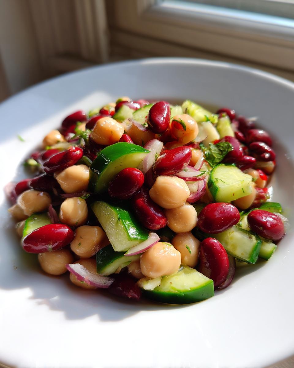 A close-up shot of a vibrant bean salad featuring kidney beans, chickpeas, cucumber chunks, and red onion.