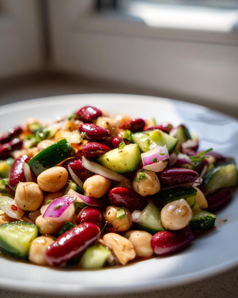 A close-up of a vibrant bean salad featuring kidney beans, chickpeas, cucumber chunks, and red onion.