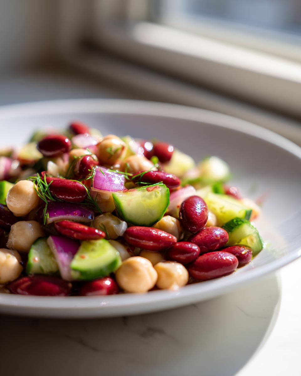 Close-up of a vibrant bean salad featuring kidney beans, chickpeas, red onion, and cucumber.