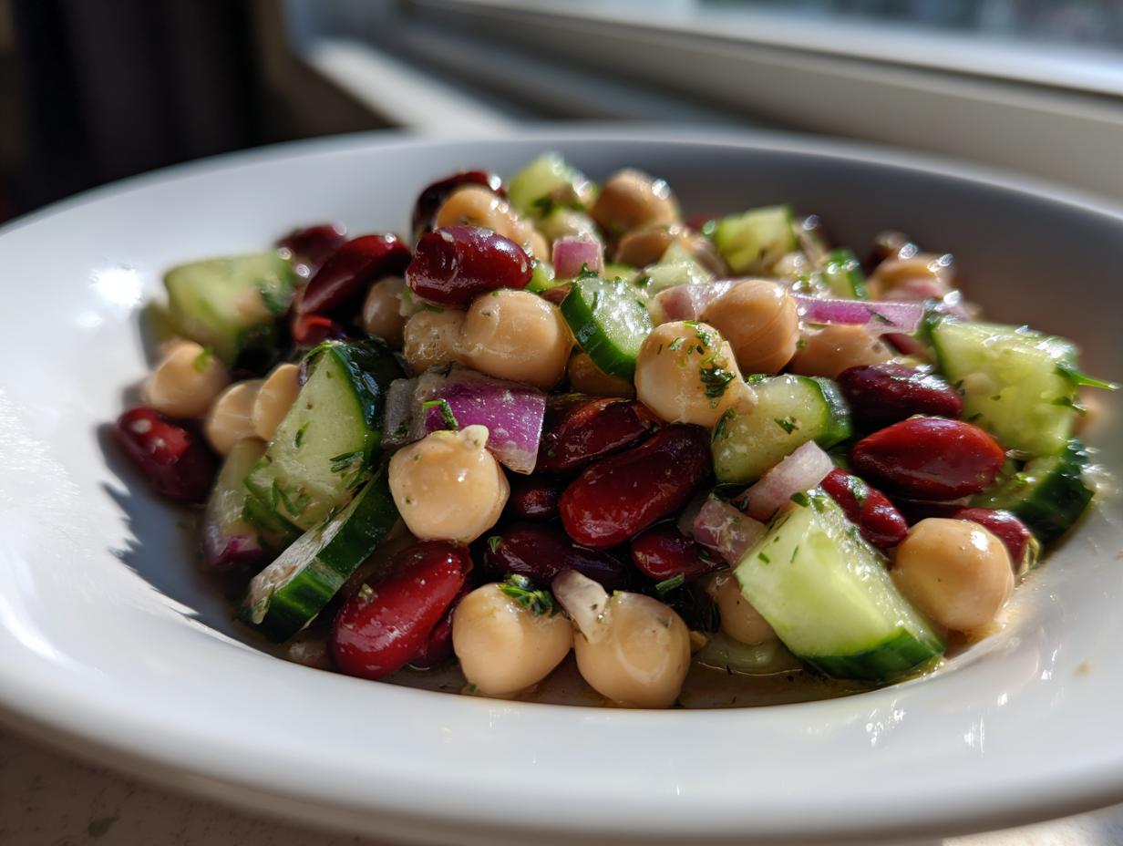 Close-up of a vibrant bowl of high protein bean salad featuring chickpeas, kidney beans, cucumber, and red onion.