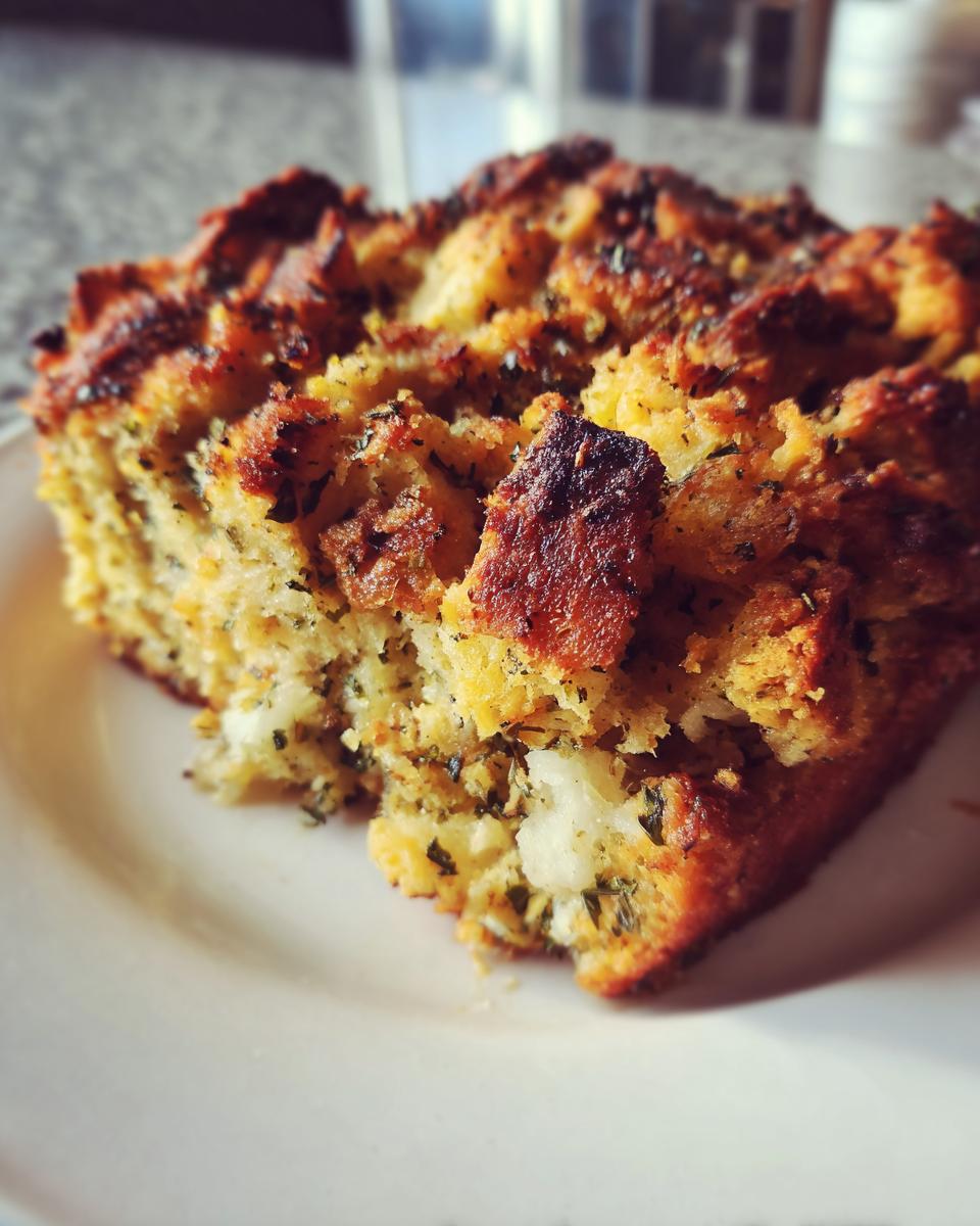 A close-up of a square serving of homemade stuffing with a crispy, browned top and visible herbs.
