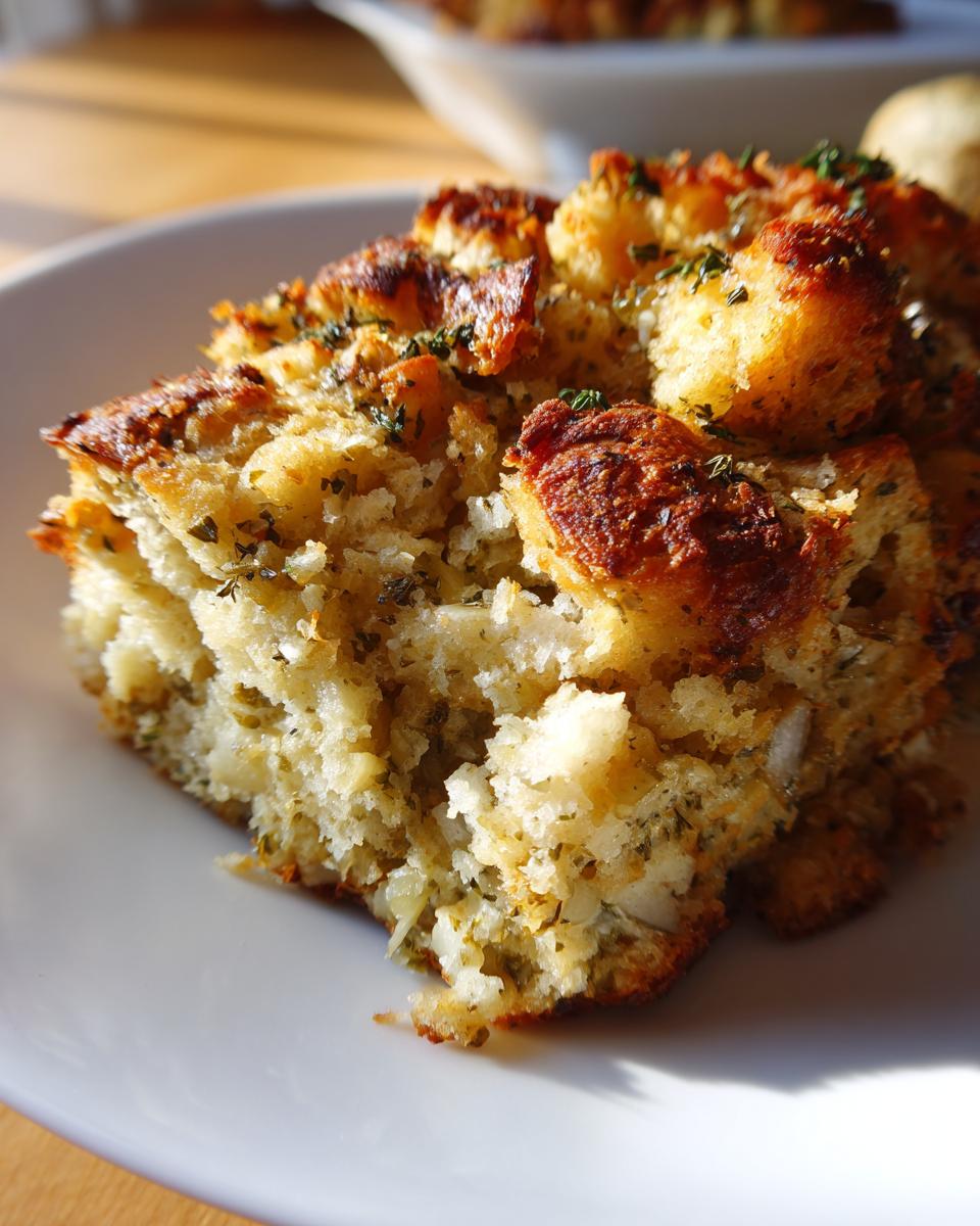 Close-up of a perfectly baked slice of homemade stuffing showing a crispy, browned top and moist interior.