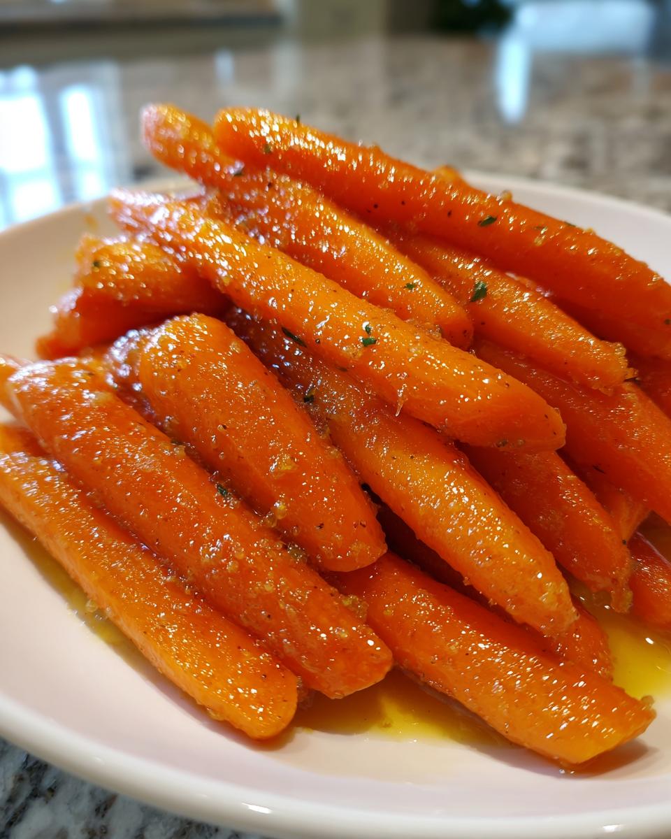 A close-up view of bright orange, glistening honey glazed carrots piled on a white plate.