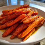 A pile of vibrant, glossy honey glazed carrots seasoned with pepper, served in a white bowl.