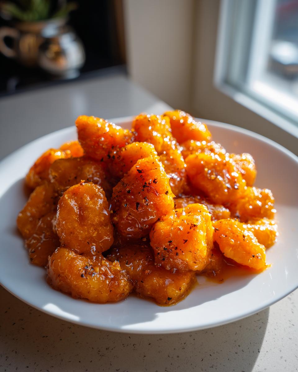 A bright, close-up shot of glistening honey glazed carrots piled high on a white plate, sprinkled with pepper.