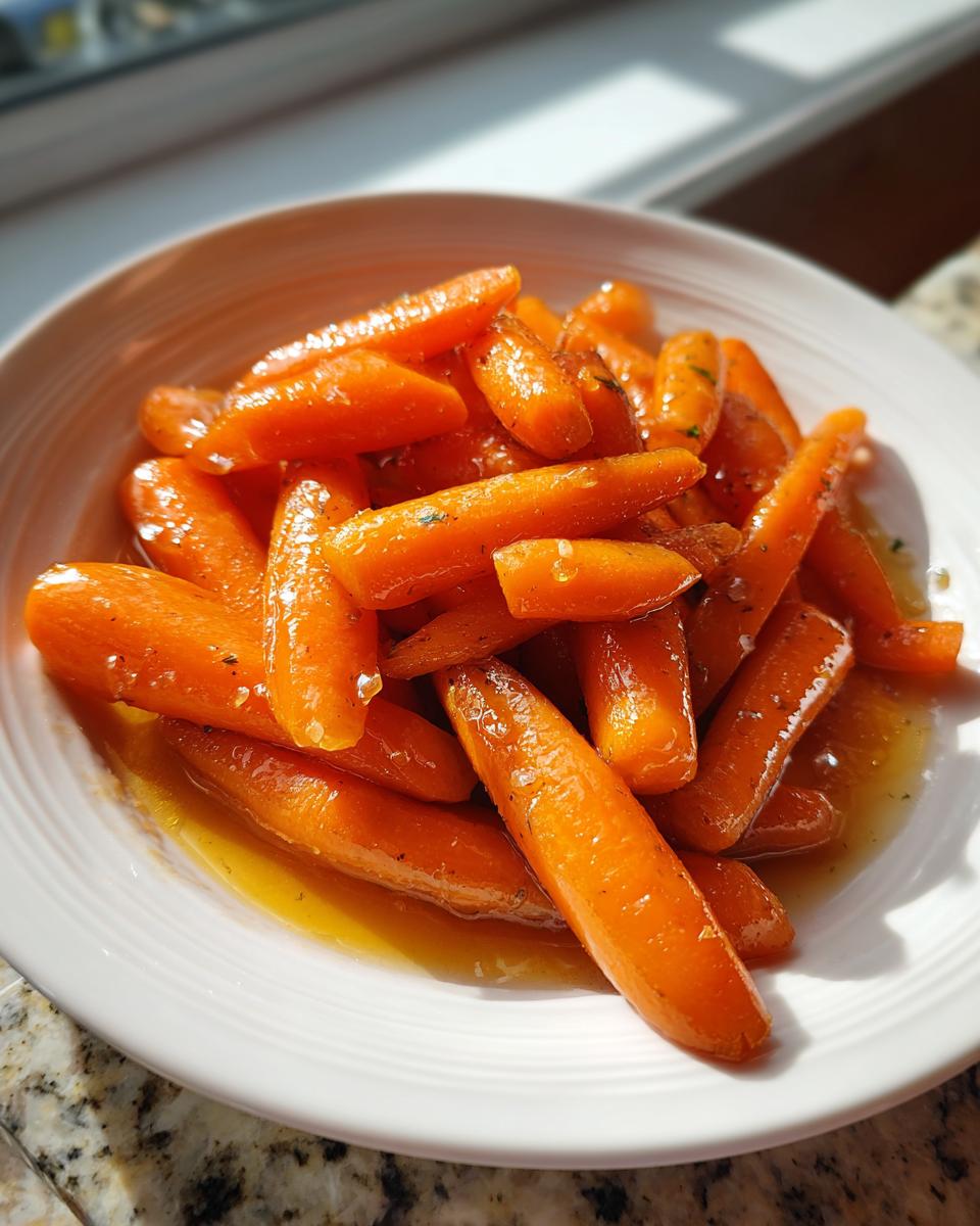 A close-up of bright orange honey glazed carrots glistening in a white bowl, ready to serve.