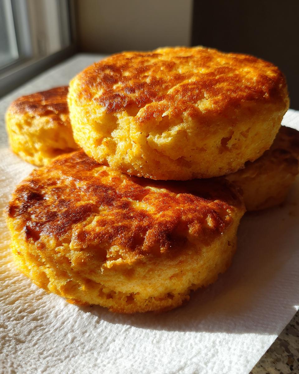 A stack of four golden brown, freshly cooked hot water cornbread rounds resting on a white paper towel.