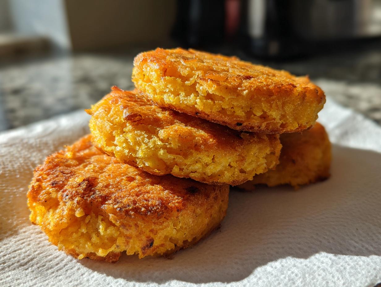 A stack of four golden brown, freshly fried hot water cornbread patties resting on a paper towel.