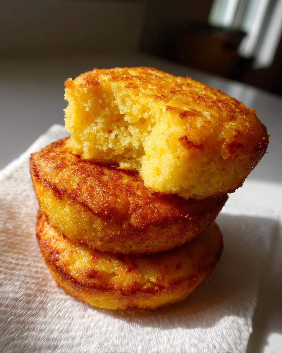 A stack of three golden-brown hot water cornbread rounds, with the top one having a bite taken out.
