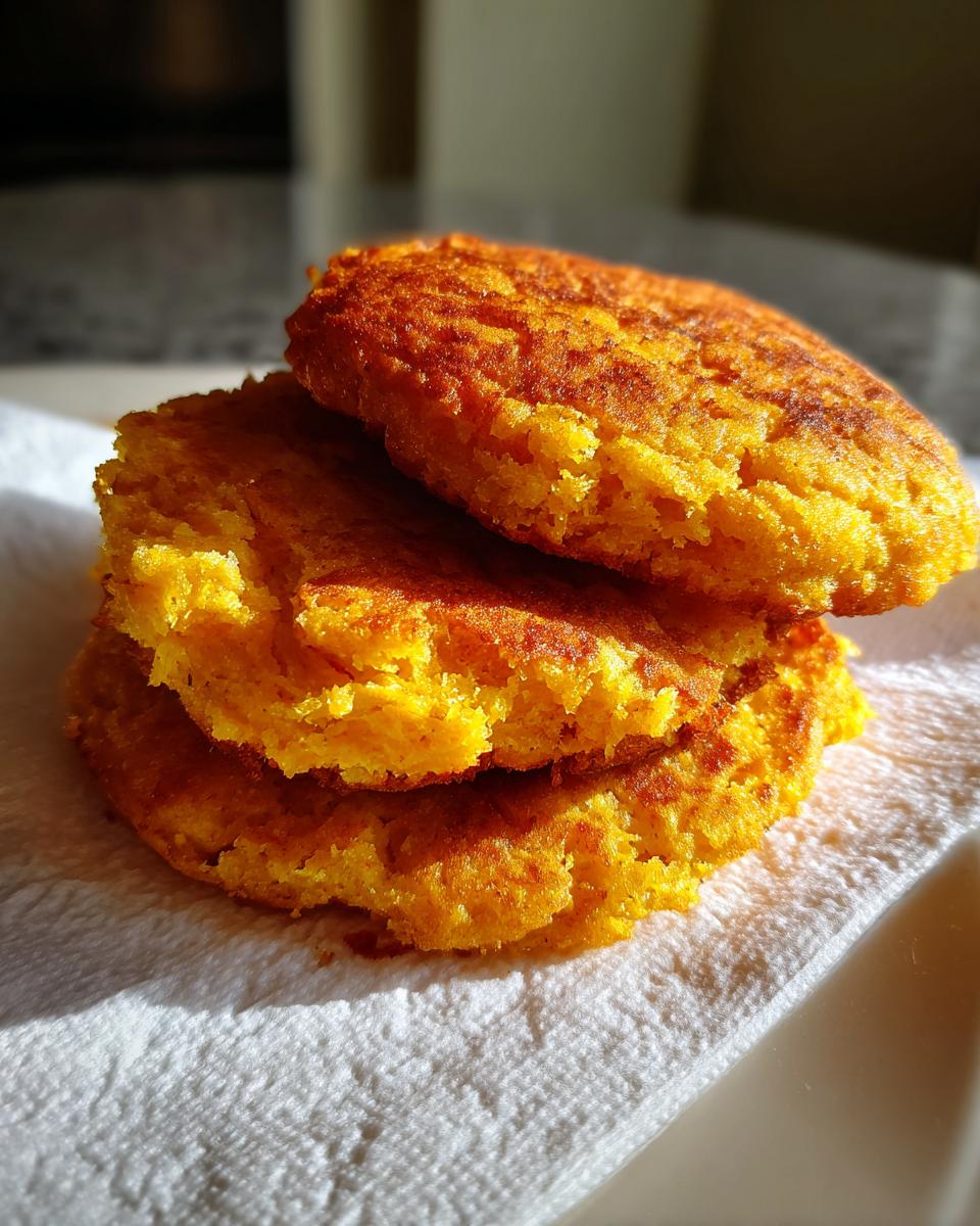 A stack of three golden brown hot water cornbread patties resting on a white napkin.