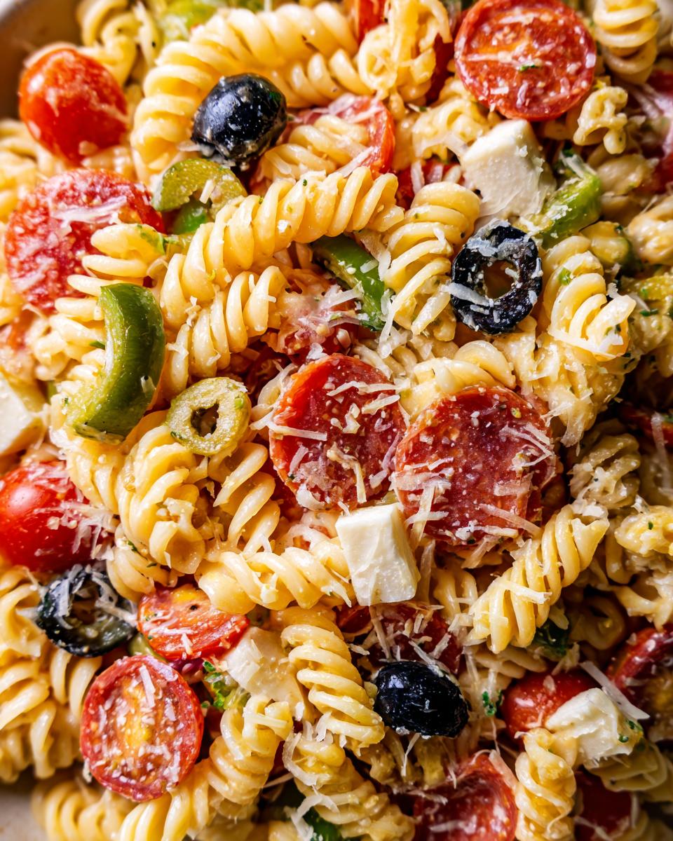 Extreme close-up of an italian pasta salad featuring rotini pasta, pepperoni slices, olives, and cheese.