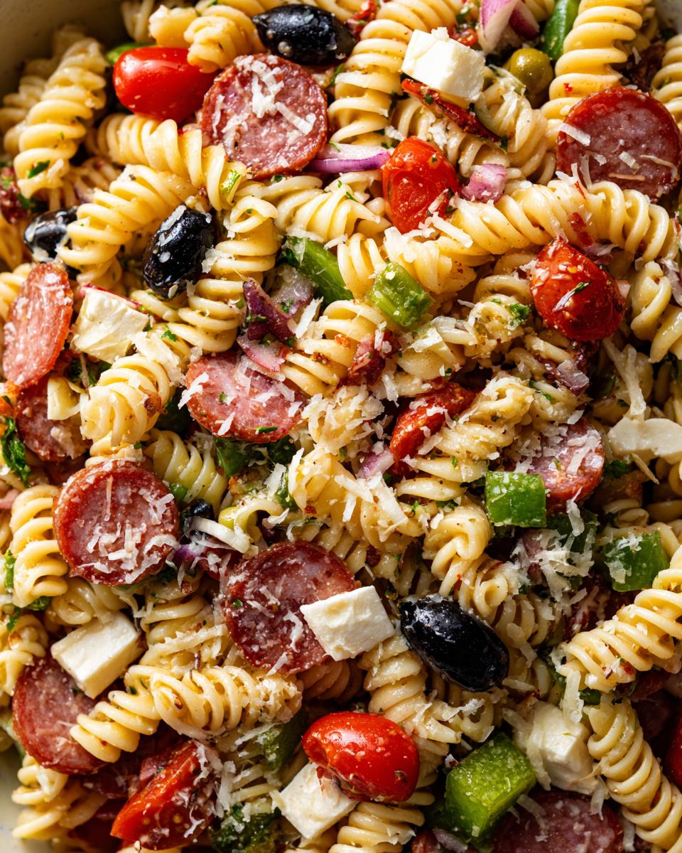 Close-up overhead shot of a hearty italian pasta salad featuring rotini pasta, salami, feta cheese, tomatoes, and olives.