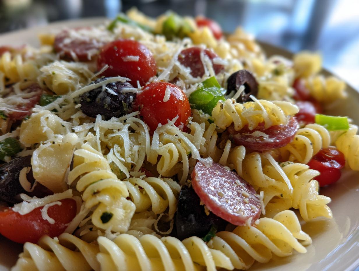 A close-up of a serving of italian pasta salad featuring rotini pasta, cherry tomatoes, olives, salami, and shredded cheese.