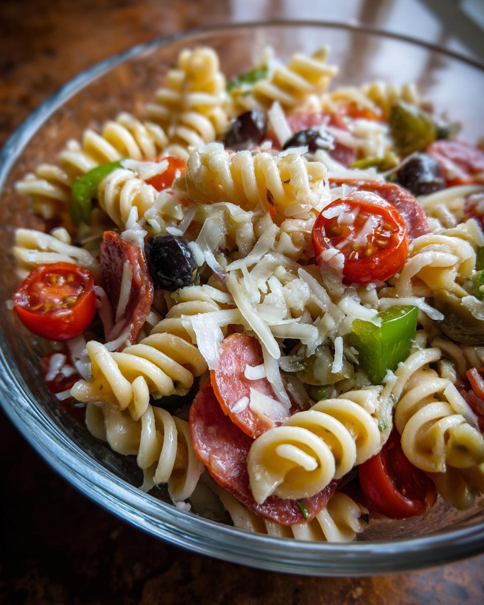 Close-up of a serving of italian pasta salad featuring rotini pasta, pepperoni, cherry tomatoes, olives, and shredded cheese.