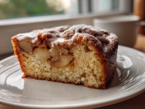 A close-up of a moist slice of jewish apple cake topped with white glaze, sitting on a white plate.