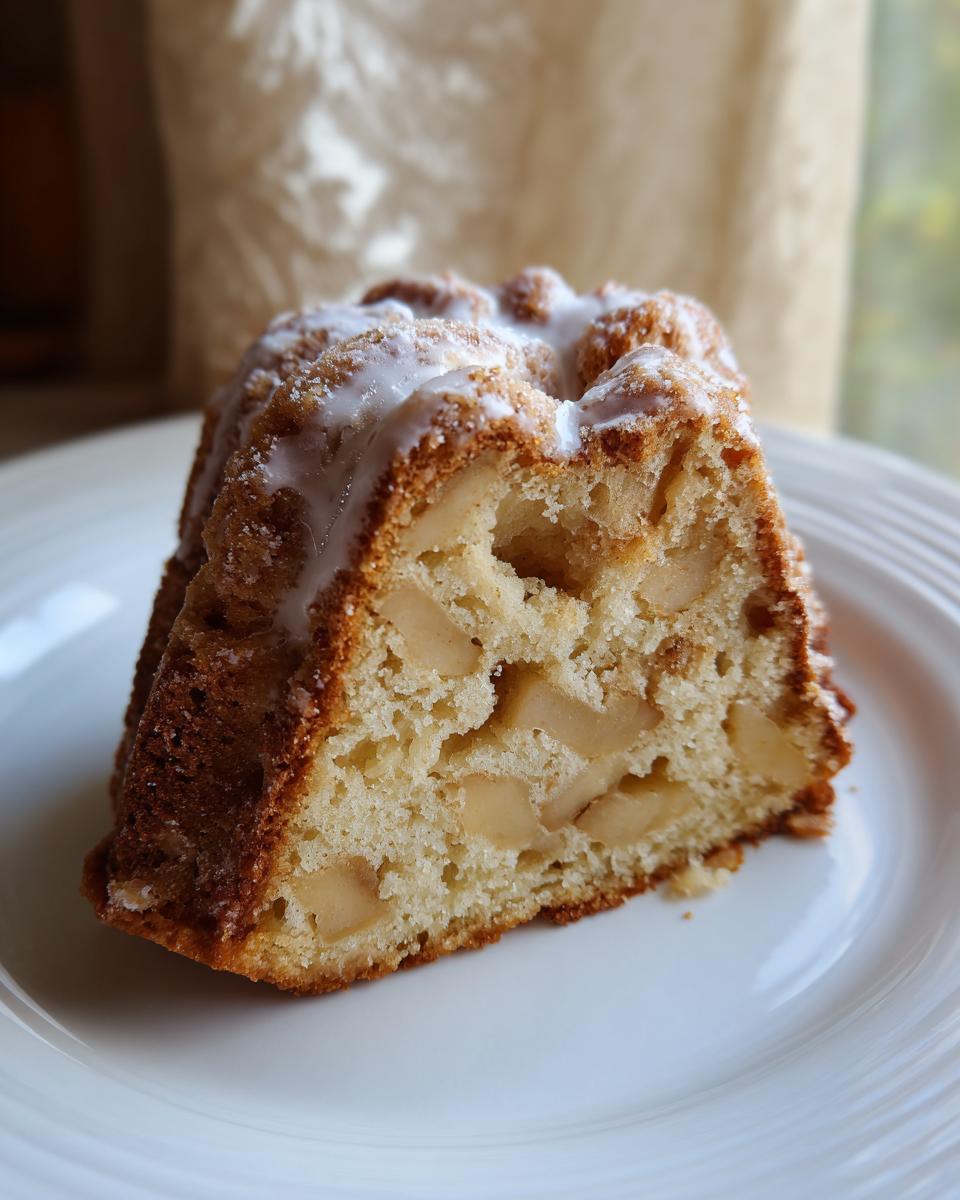Close-up of a slice of moist Jewish apple cake featuring visible chunks of apple and a light sugar glaze.