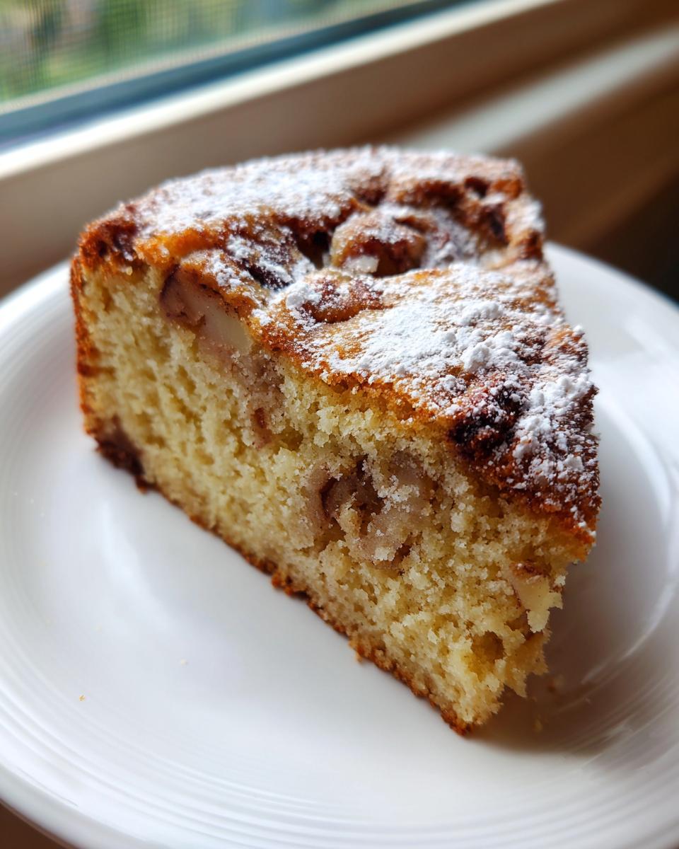 A moist slice of jewish apple cake, studded with fruit pieces and dusted with powdered sugar, sitting on a white plate.