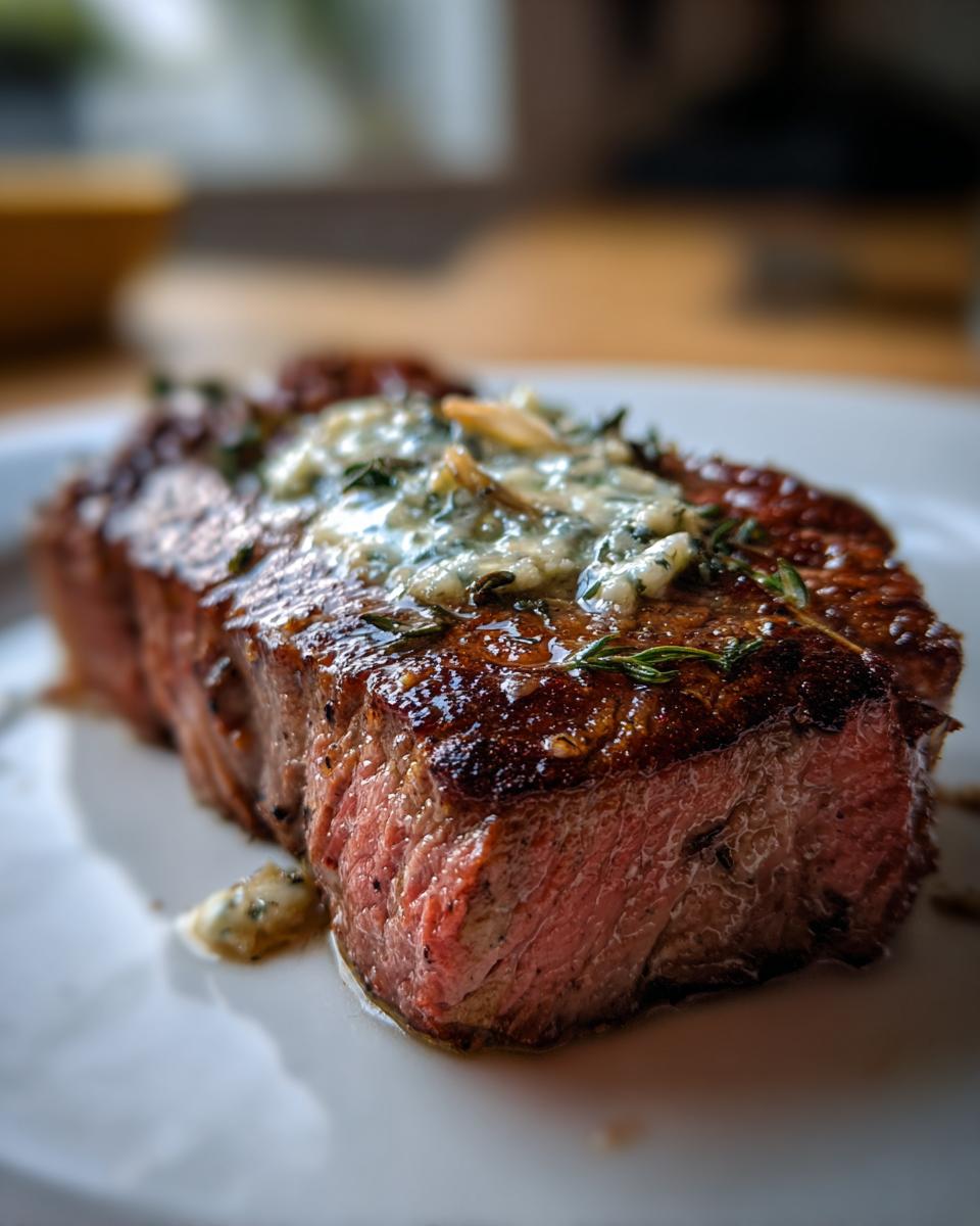 Close-up of a medium-rare ribeye steak topped with melting blue cheese compound butter and fresh herbs.
