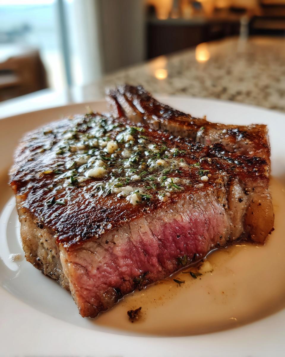Close-up of a medium-rare ribeye steak topped with melted garlic butter and herbs on a white plate.