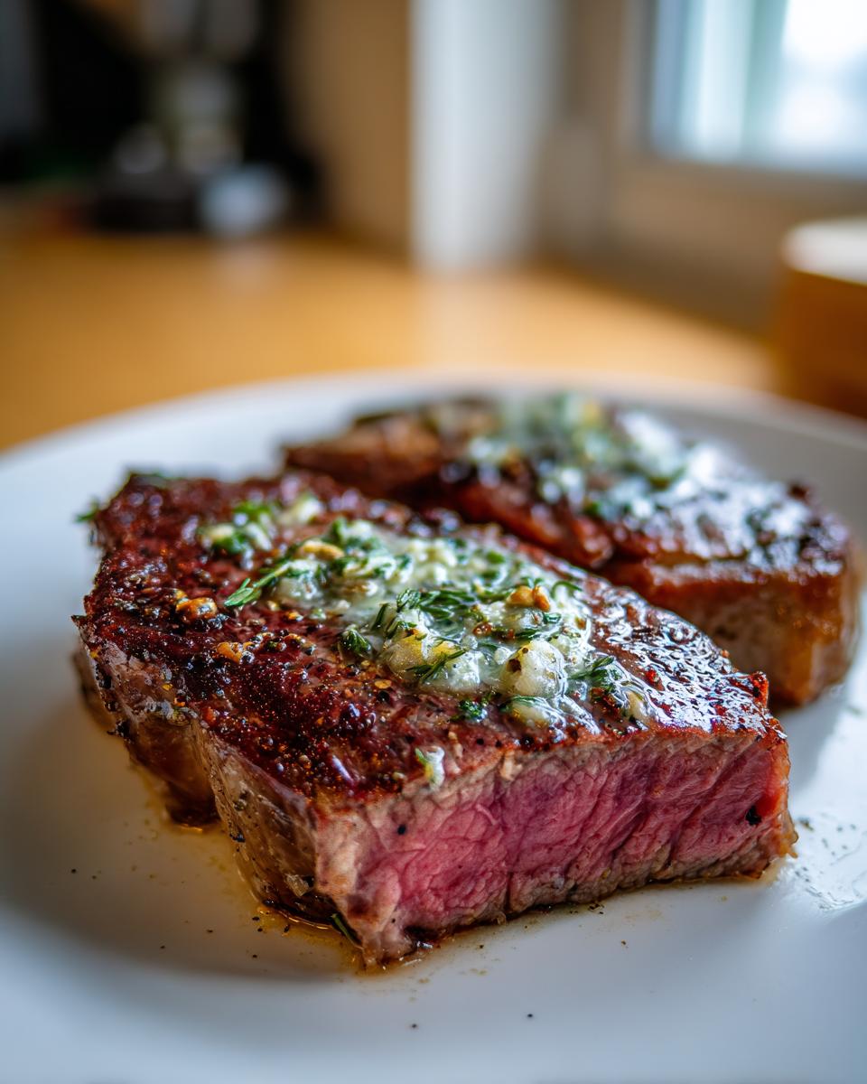 Close-up of a medium-rare ribeye steak, sliced to show the pink center and topped with melting herb butter.