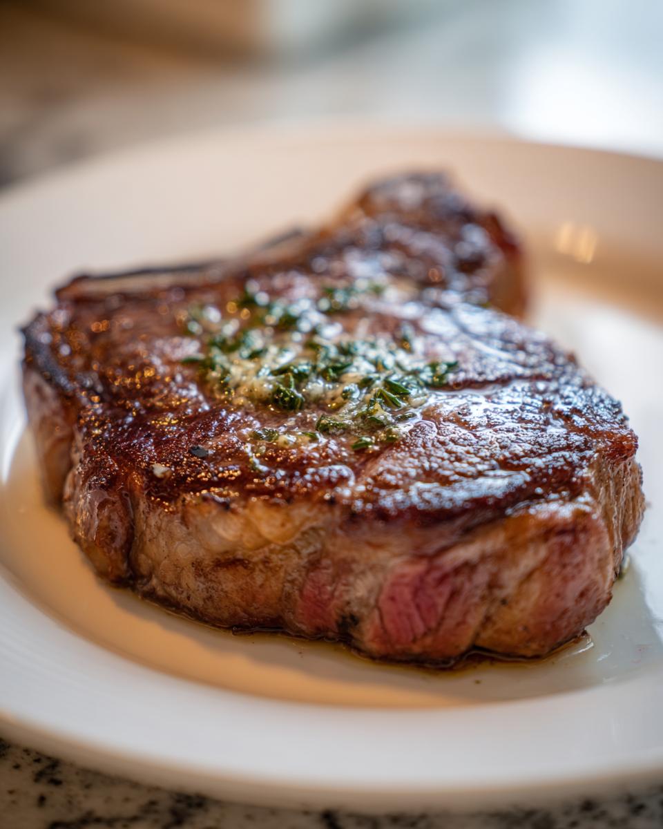 A thick, juicy ribeye steak cooked medium-rare, topped with melting herb butter, served on a white plate.