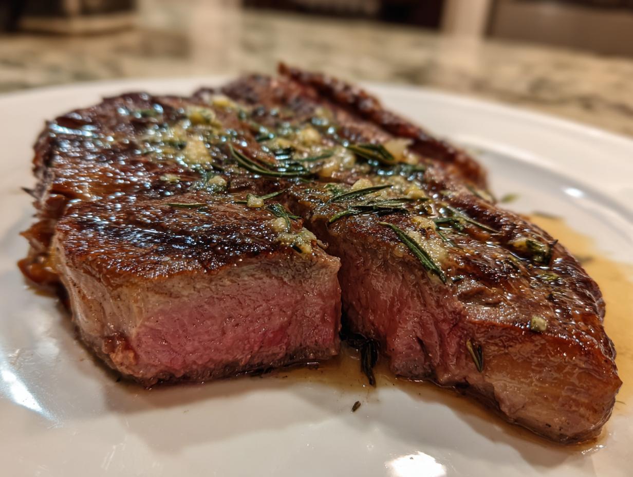 Close-up of a juicy, medium-rare ribeye steak, sliced and topped with browned butter, garlic, and rosemary.