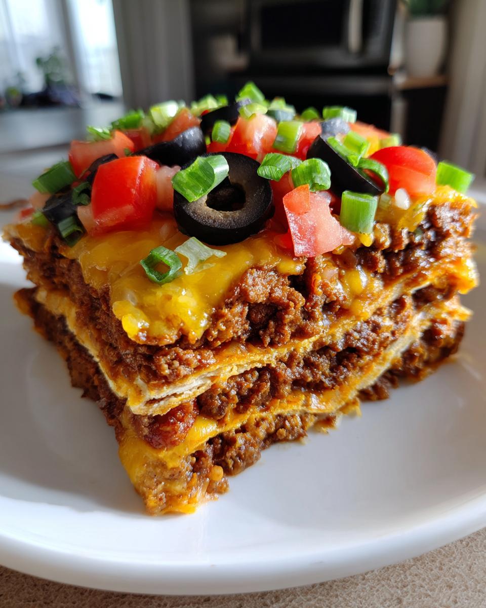 Close-up of a layered slice of mexican pizza topped with melted cheese, tomatoes, olives, and green onions.