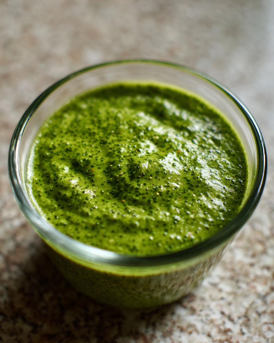 Close-up of vibrant green matcha chia pudding texture in a small glass bowl.