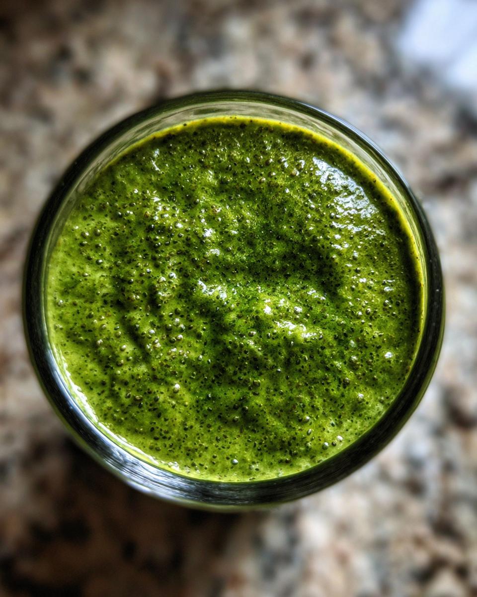 Overhead view of thick, vibrant green matcha chia pudding showing tiny black chia seeds suspended in the mixture.