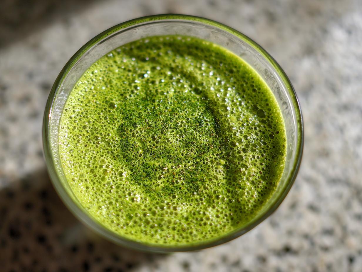 Overhead close-up of vibrant green matcha chia pudding with a foamy top layer.