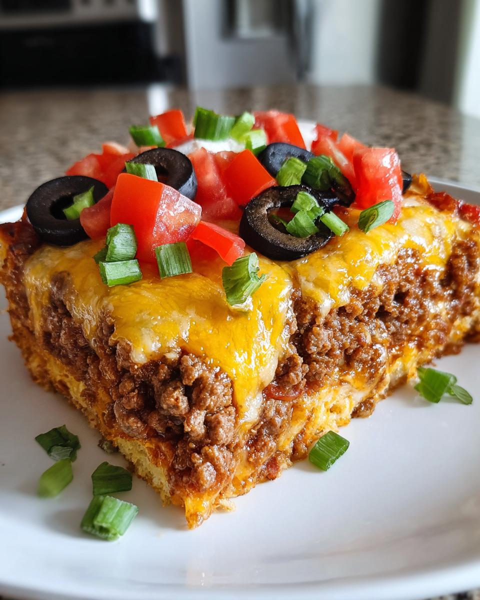 A hearty slice of mexican pizza featuring seasoned ground beef, melted cheese, tomatoes, olives, and green onions.