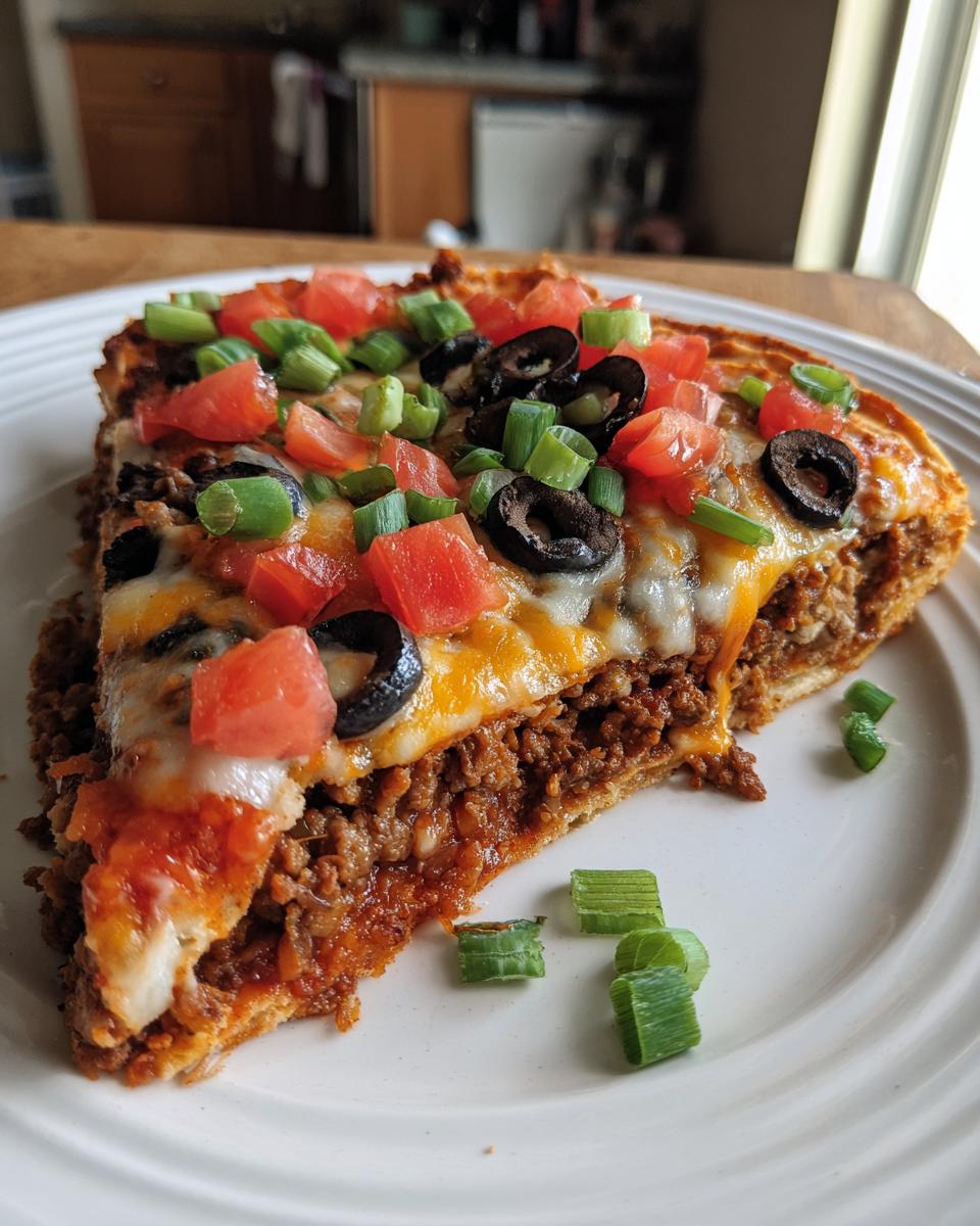 A generous slice of mexican pizza topped with melted cheese, ground beef, tomatoes, black olives, and green onions.