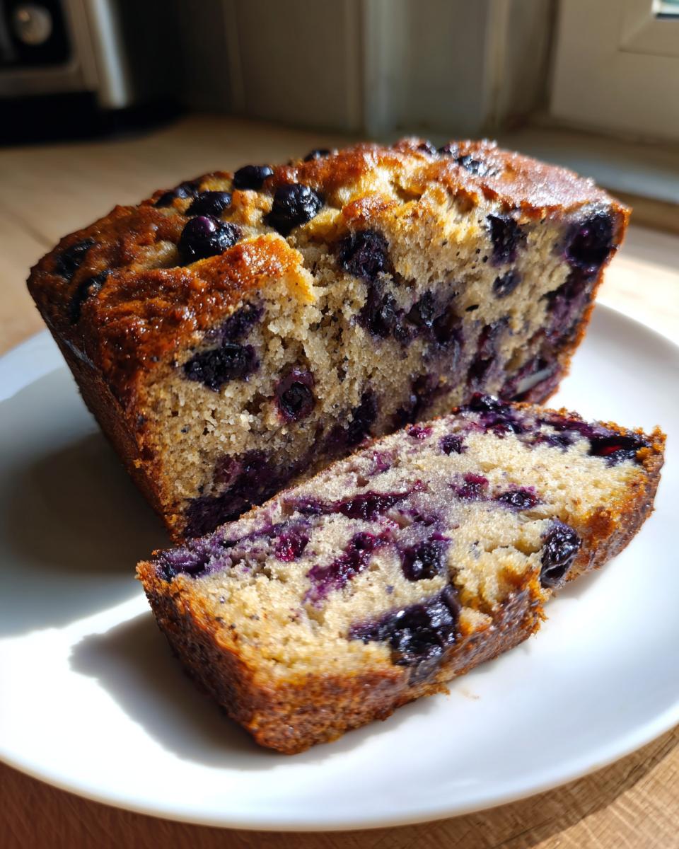 Close-up of moist blueberry banana bread loaf with one slice cut and resting beside it on a white plate.