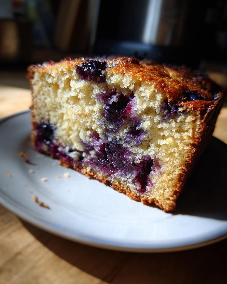 Close-up of a moist slice of blueberry banana bread showing the crumb texture and baked blueberries.