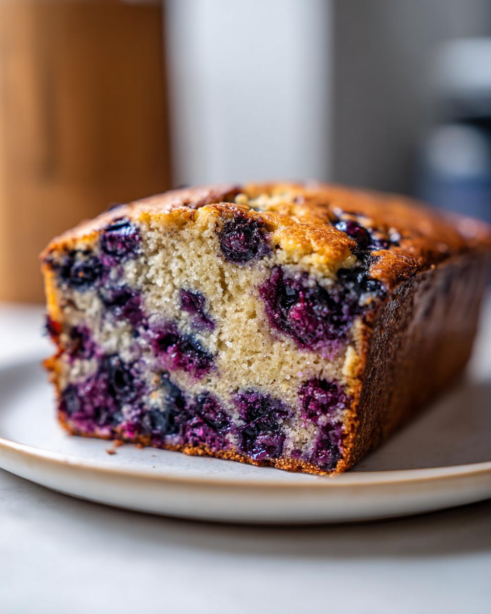 Close-up of a moist slice of blueberry banana bread showing dense crumb and bursting blueberries.