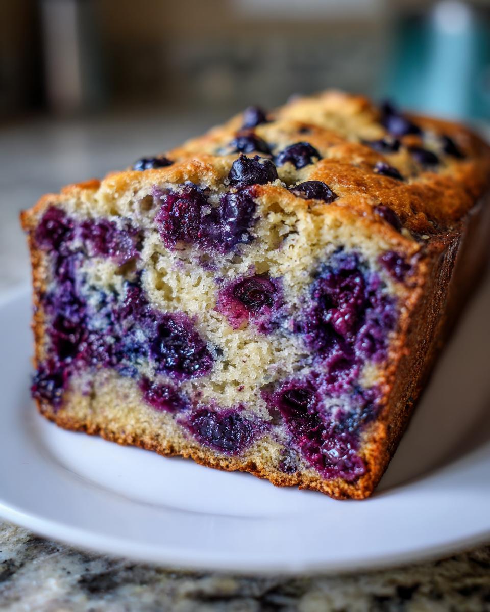 Close-up of a slice of moist blueberry banana bread showing the dense crumb packed with purple blueberries.