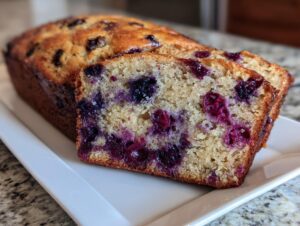 Close-up of moist blueberry banana bread loaf with two slices cut, showing juicy blueberries inside.