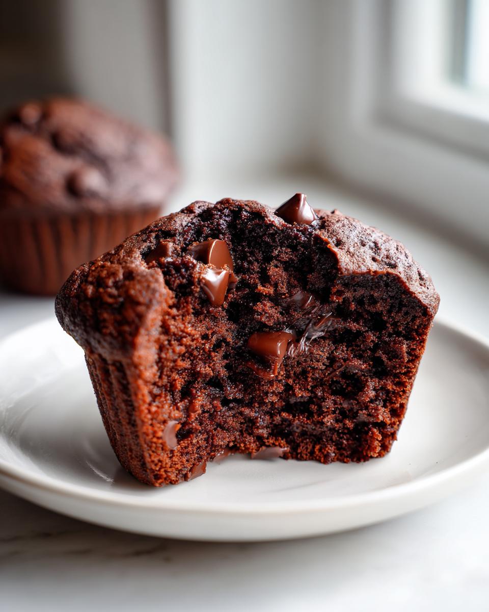 Close-up of a moist chocolate muffin with a bite taken out, showing melted chocolate chips inside.