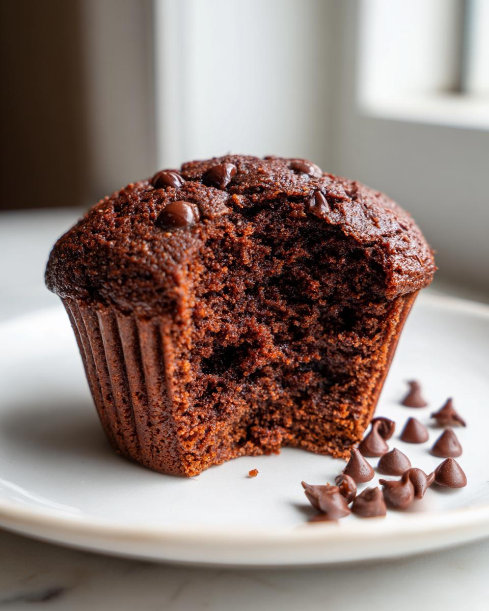 Close-up of a moist chocolate muffin with a bite taken out, showing the rich crumb and chocolate chips.