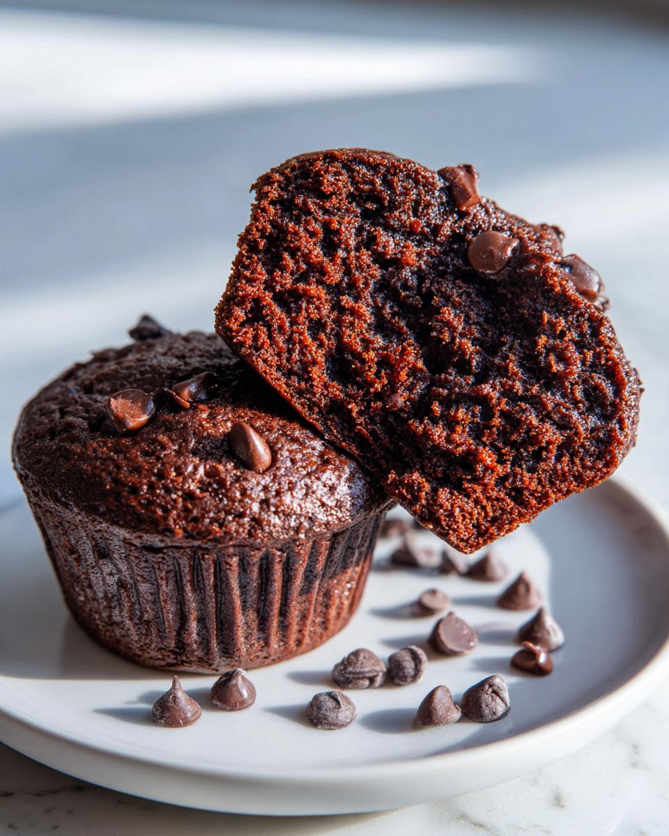 Close-up of a moist chocolate muffin cut in half showing the rich crumb, next to a whole chocolate muffin.