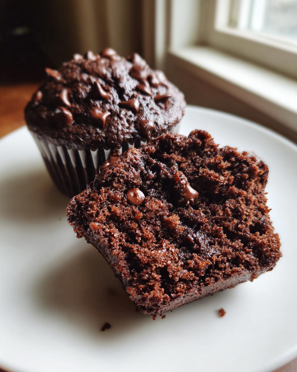 Close-up of a halved chocolate muffin showing its moist, dark crumb and chocolate chips, next to a whole chocolate muffin.