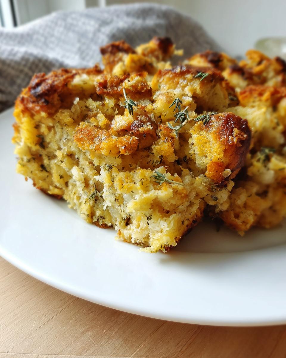A close-up of a serving of moist homemade stuffing, featuring a crispy, golden-brown top garnished with fresh thyme.