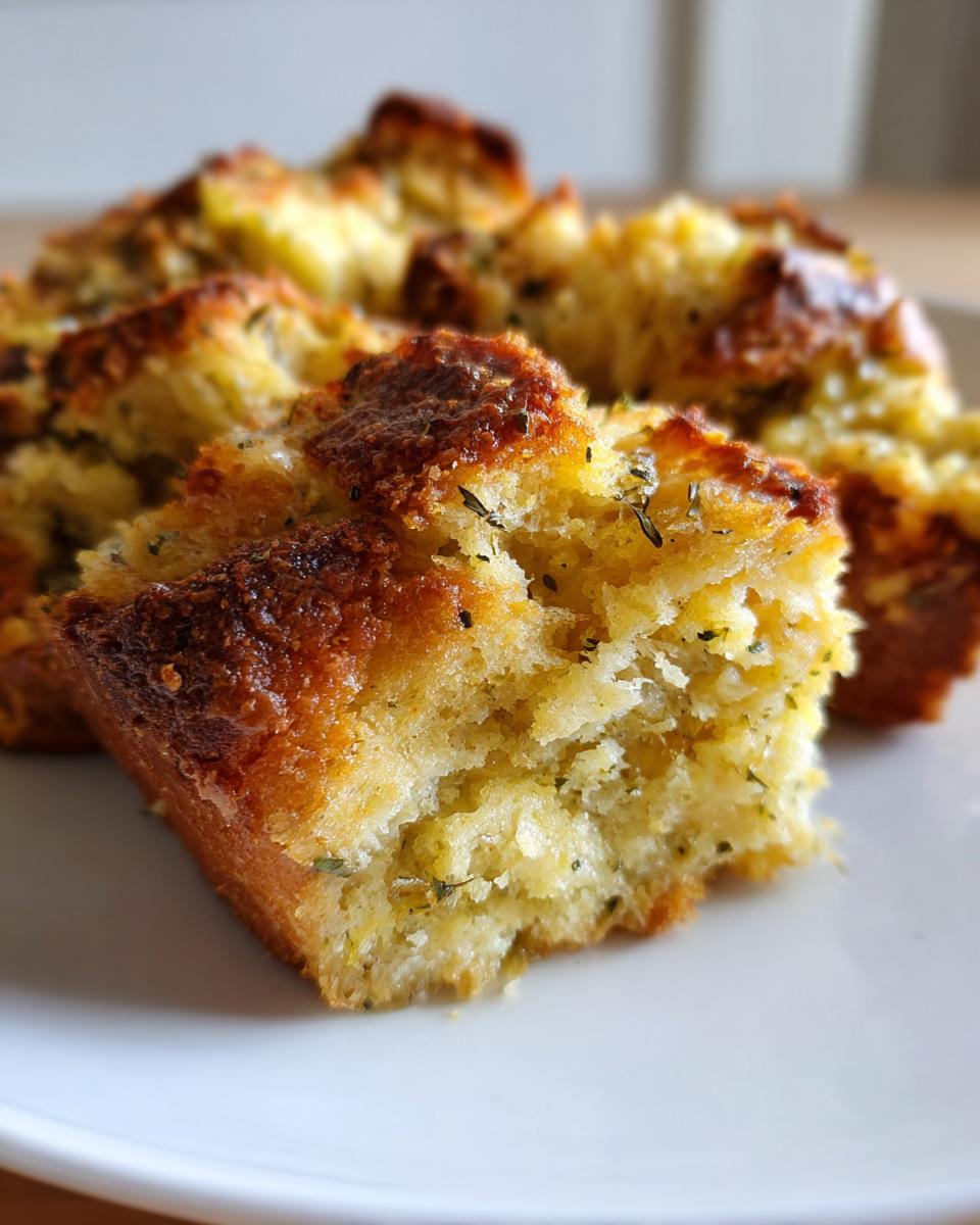 Close-up of a moist, golden-brown square of homemade stuffing with visible herbs on a white plate.