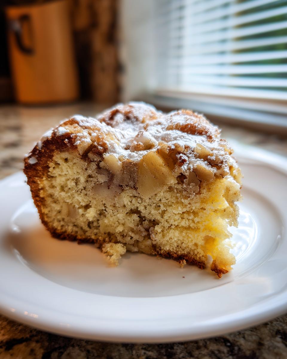 Close-up of a moist slice of jewish apple cake topped with powdered sugar and baked-in apple chunks.
