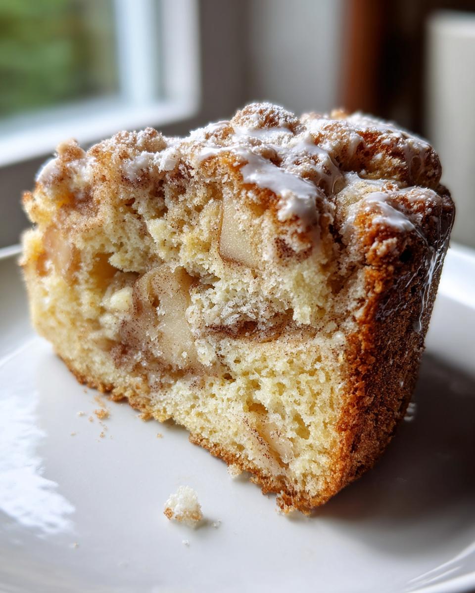 Close-up of a moist slice of jewish apple cake showing chunks of apple and cinnamon swirl, topped with white glaze.