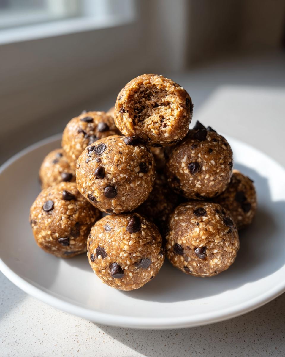 A stack of homemade peanut butter protein balls mixed with oats and mini chocolate chips on a white plate.