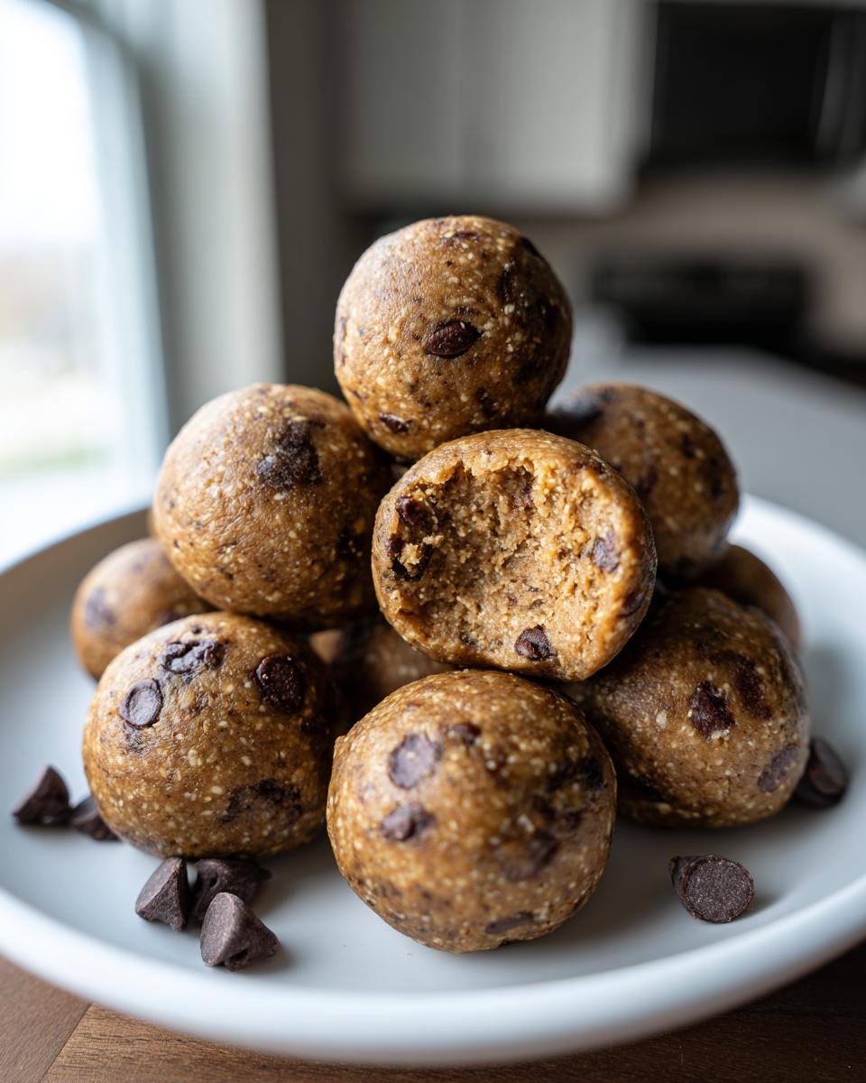 A stack of homemade peanut butter protein balls with visible chocolate chips, one is bitten into.